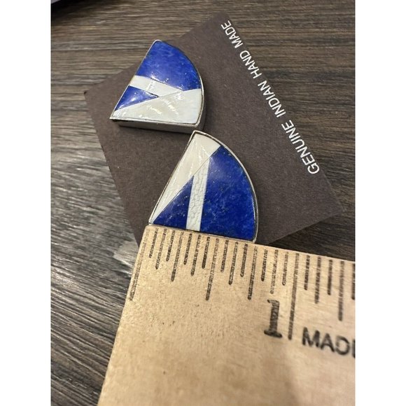 Vintage PETER VAJDA Southwest NM STERLING SILVER EARRINGS Blue Lapis MOP Inlay - Picture 2 of 9